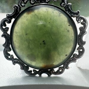 Vintage Nephrite Green Jade Brooch Silver 900  ORNATE Filigree Oval Pin 1930's
